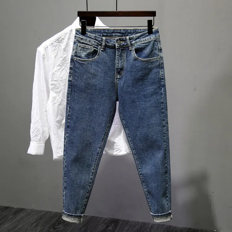 深蓝色牛仔裤男款2025秋季新款男士修身小脚九分裤高街潮牌长裤子