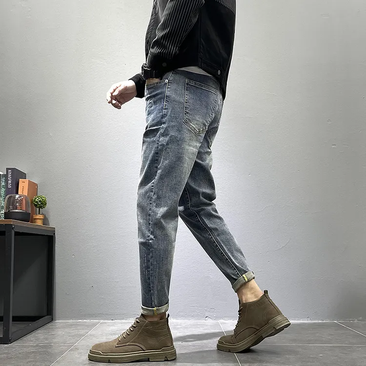 牛仔裤男士秋季新款潮牌痞帅修身小脚高端九分裤百搭休闲长裤子