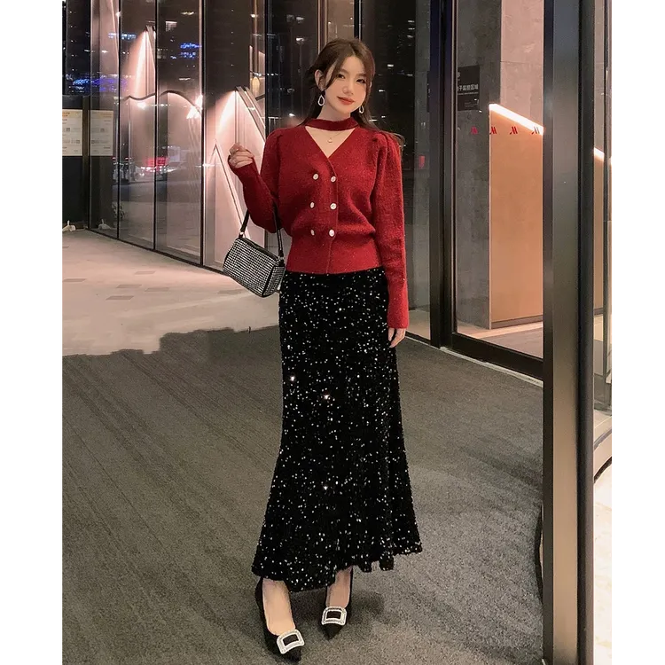 【工厂现货】秋冬丝绒鱼尾亮片中长款半身裙高级感减龄气质显瘦裙子