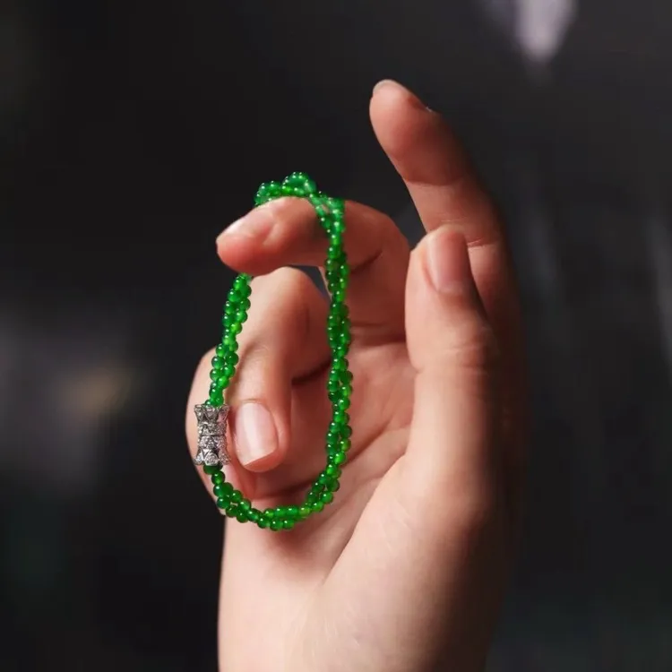 新中式辣阳绿小米珠双圈手链女翡翠色满绿小米珠手串国风精致百搭