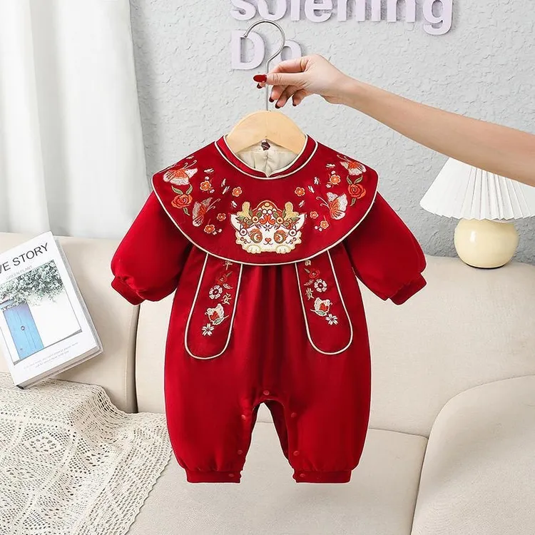 新年服宝宝连体衣冬装新生婴儿百天衣服保暖加绒抓周喜庆拜年服