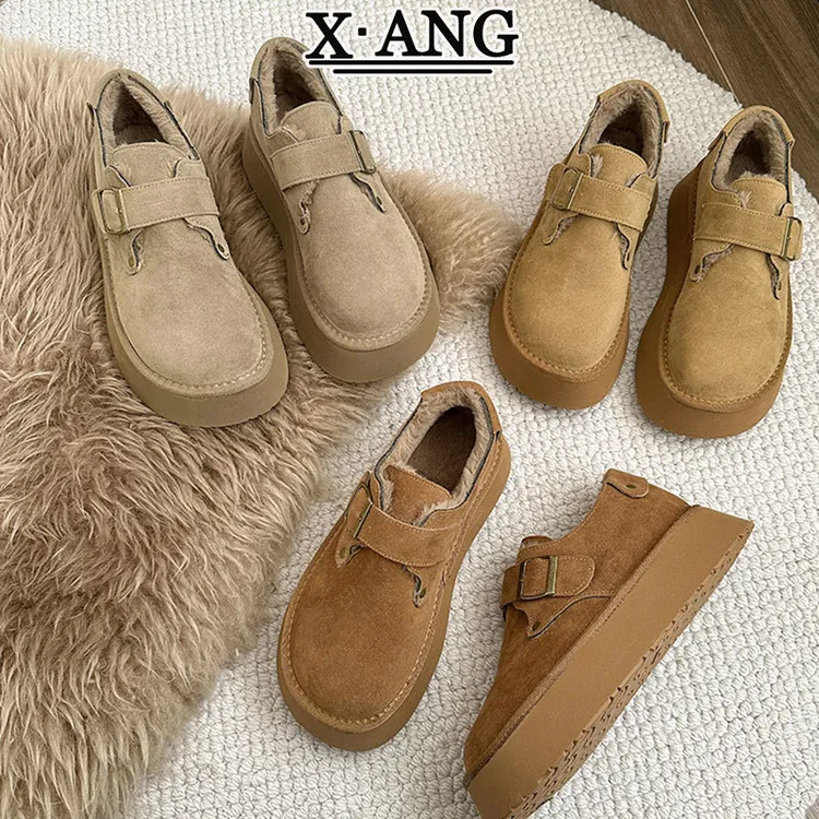 真皮厚底全包勃肯鞋子女2024冬季新款加绒保暖一脚蹬棉鞋女毛毛鞋