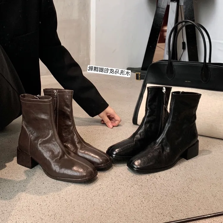 SJ优选秋冬女款短靴方头短靴粗跟侧拉链厚底小踝靴真皮百搭瘦瘦靴