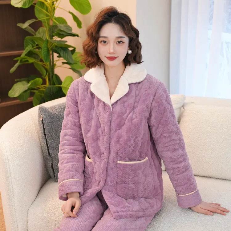 秋鹿国民领夹棉女套保暖秋冬女士长款家居服冬天加绒冬款大码睡衣