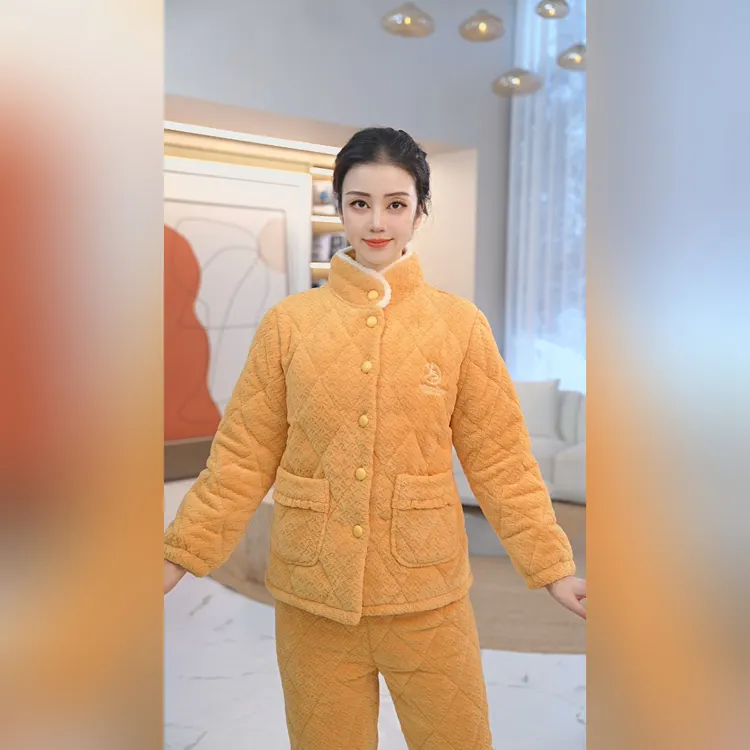 秋鹿纯色牛奶绒三层夹棉菱纹锁温冬季睡衣女套装保暖锁温加厚