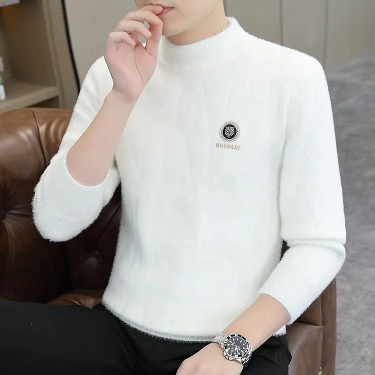 高档毛衣男秋冬季新款时尚水貂绒字母提花休闲百搭半高领保暖上衣