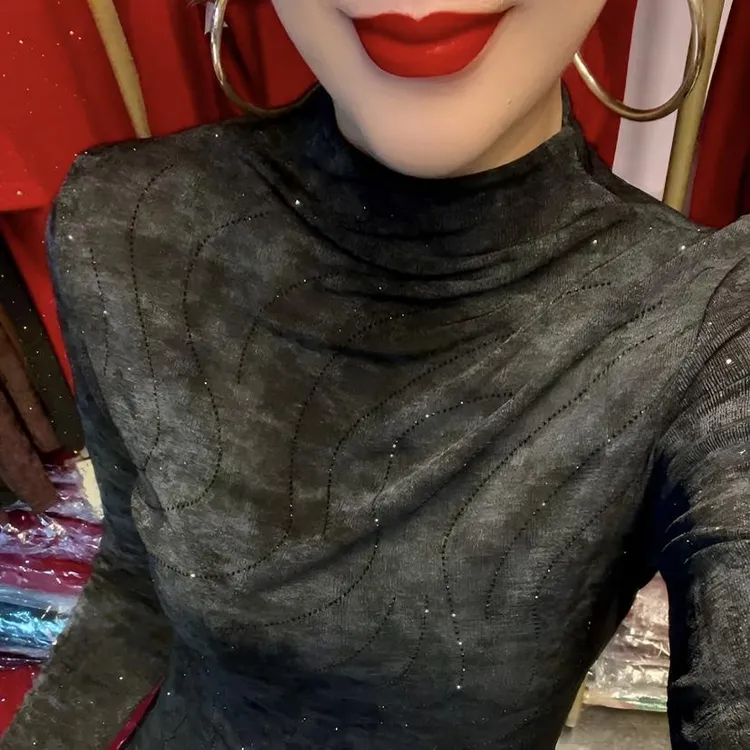 2024秋季新款半高领长袖烫钻弹力打底衫修身女