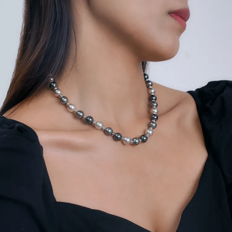 go 合金仿珍珠项链 倪妮同款明星同款项链黑渐变独特哥特风小饰品