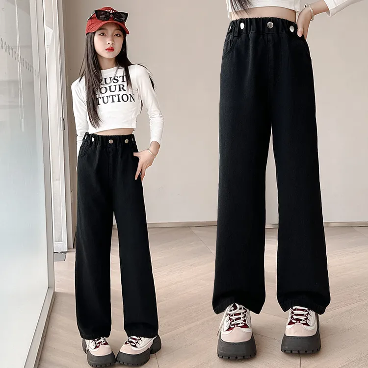 女童裤子牛仔阔腿裤春秋装新款中大童韩版洋气长裤秋季休闲直筒裤