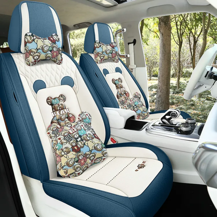 2024新款亚麻汽车坐垫四季通用棉麻布艺全包围夏季可爱卡通座椅套