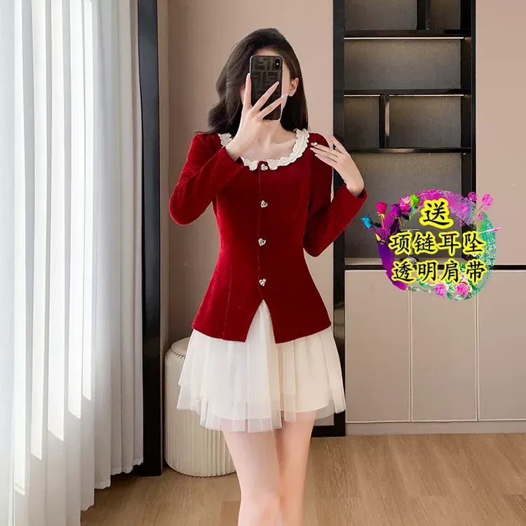 少女连衣裙蓬蓬结婚小红裙网纱洋气订婚红色小礼服气质假甜美