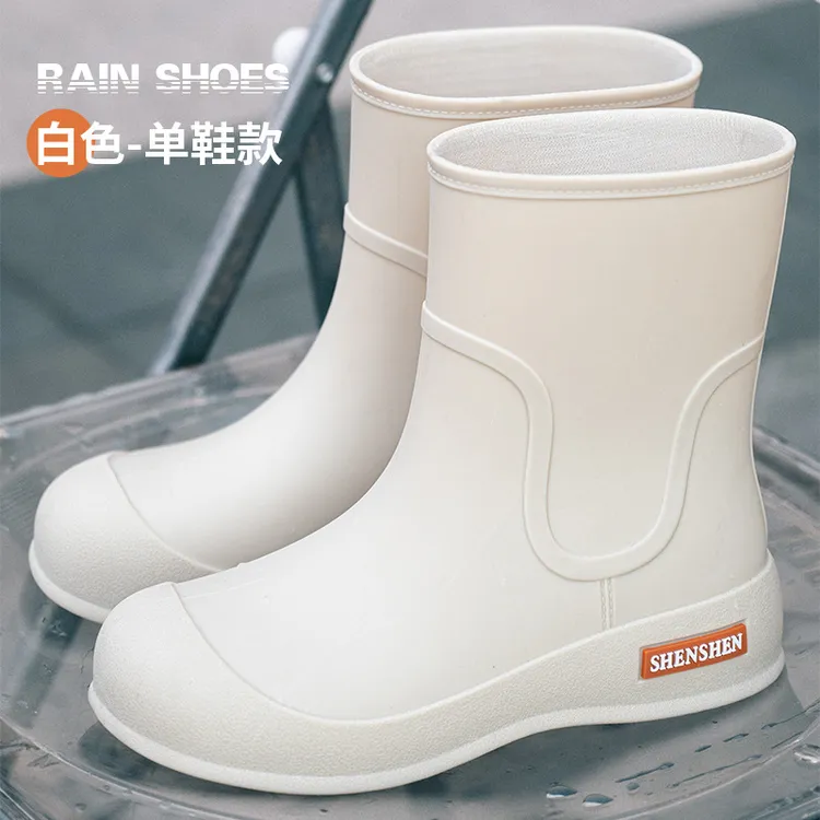 时尚防滑防水日系工作雨鞋保暖外穿胶鞋冬季雨靴水鞋加绒女款白色