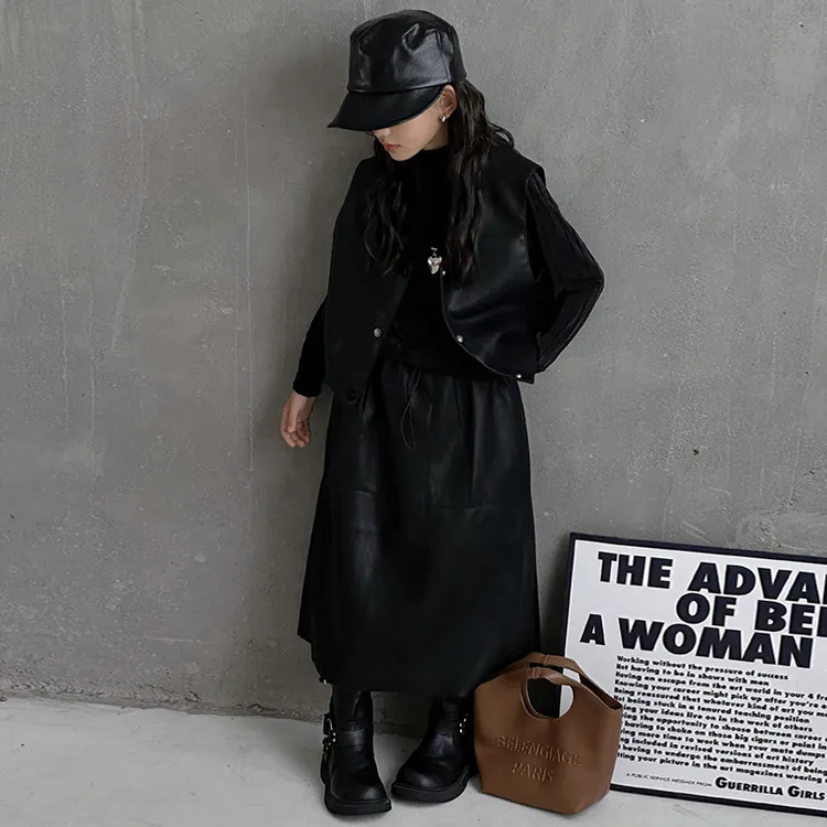 童装2024秋季新款女童时髦辣妹PU背心马甲金丝打底衫皮裙三件套潮