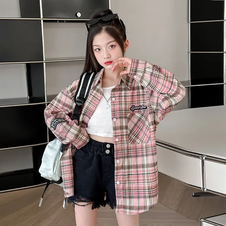 2025秋装新款衬衫女大童百搭时尚中学生女孩春秋季格子衬衣外套潮