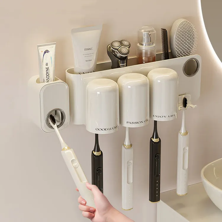 浴室牙刷架壁挂卫生间牙刷杯收纳架奶油风刷牙杯家用壁挂式漱口杯