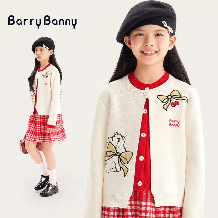 Barry Banny女童蝴蝶结小猫套装秋季新款假两件开衫毛衣a字百褶裙