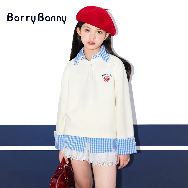 BarryBanny女童学院风假两件卫衣绣花中大童秋冬保暖休闲翻领上衣