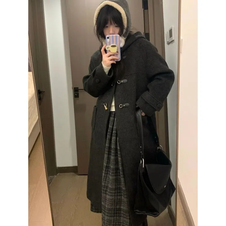 日系复古格纹毛呢半身裙女秋冬季2024新款松紧腰a字大摆中长伞裙