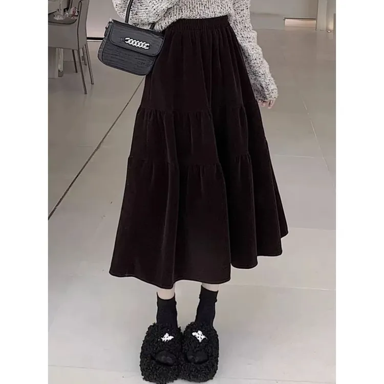 黑色丝绒半身裙女秋冬季松紧腰中长款大摆伞裙高腰a字长裙子加厚