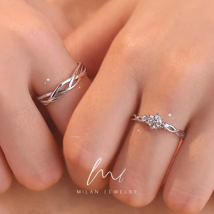 秘蓝 925银莫桑石戒指 同心结对戒/情侣小众设计时尚可调节仪式用