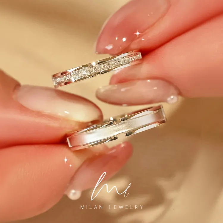 秘蓝 925银合成锆石戒指 天作之合情侣对戒/素圈小众款设计高级感