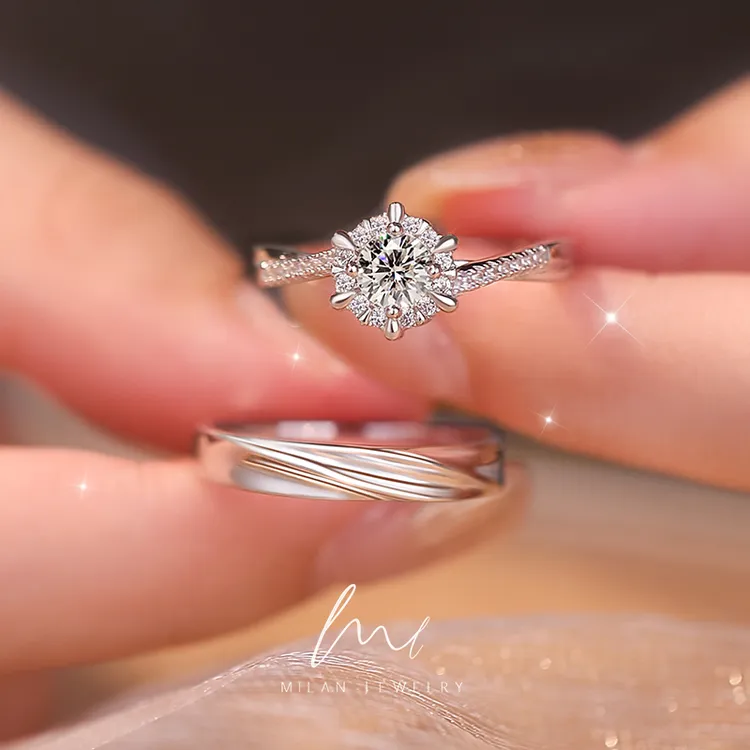 秘蓝 925银莫桑石戒指 星织莫桑对戒/情侣送女友求婚结婚时尚百搭
