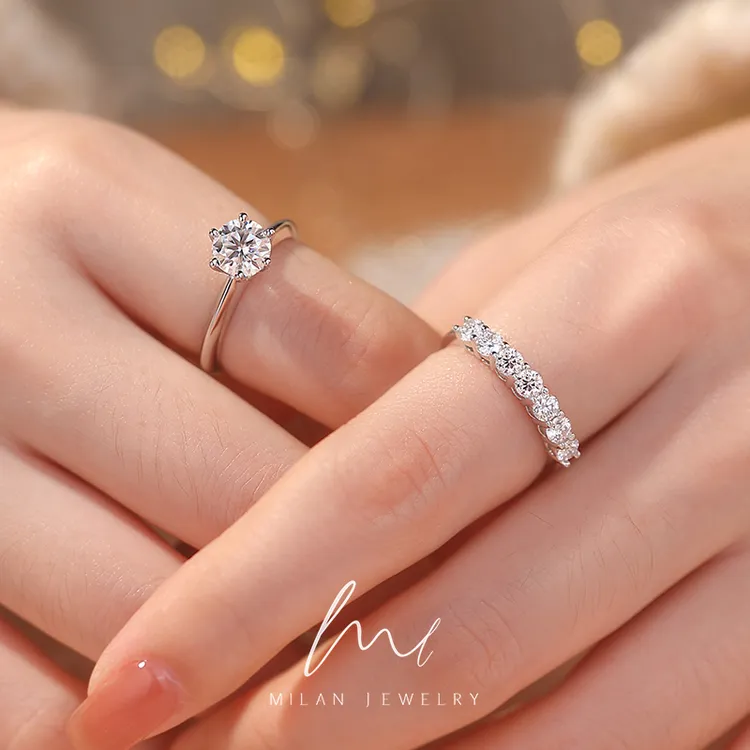 秘蓝 925银莫桑石戒指 T家六爪排戒叠戴组合/轻奢高级感百搭排钻