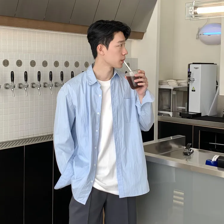 韩国男装 褶皱肌理感韩版长袖衬衫防嗮透气透气纯色简约衬衣百搭