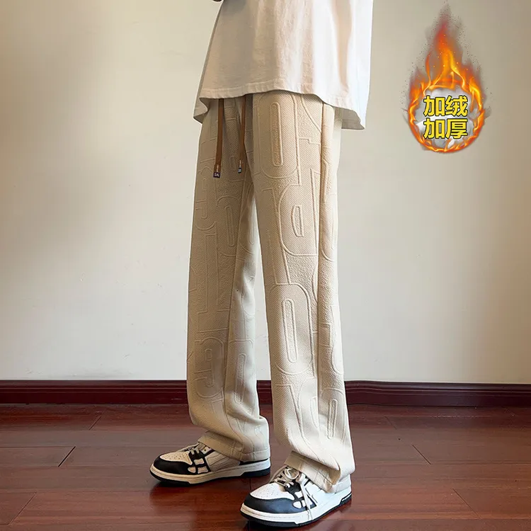 秋冬男士加绒加厚保暖大码字母提花高级感直筒百搭休闲裤宽松卫裤
