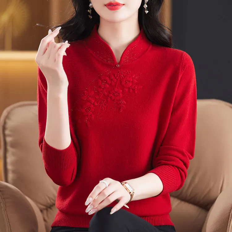 高贵旗袍领纯羊毛妈妈秋冬款红色毛衣女洋气打底衫宽松100%羊毛衫