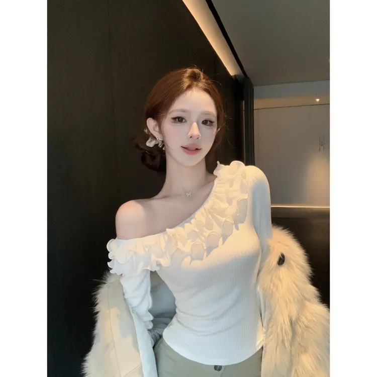 斜肩荷叶边上衣长袖针织法式修身泡泡袖方领设计感显瘦长袖针织