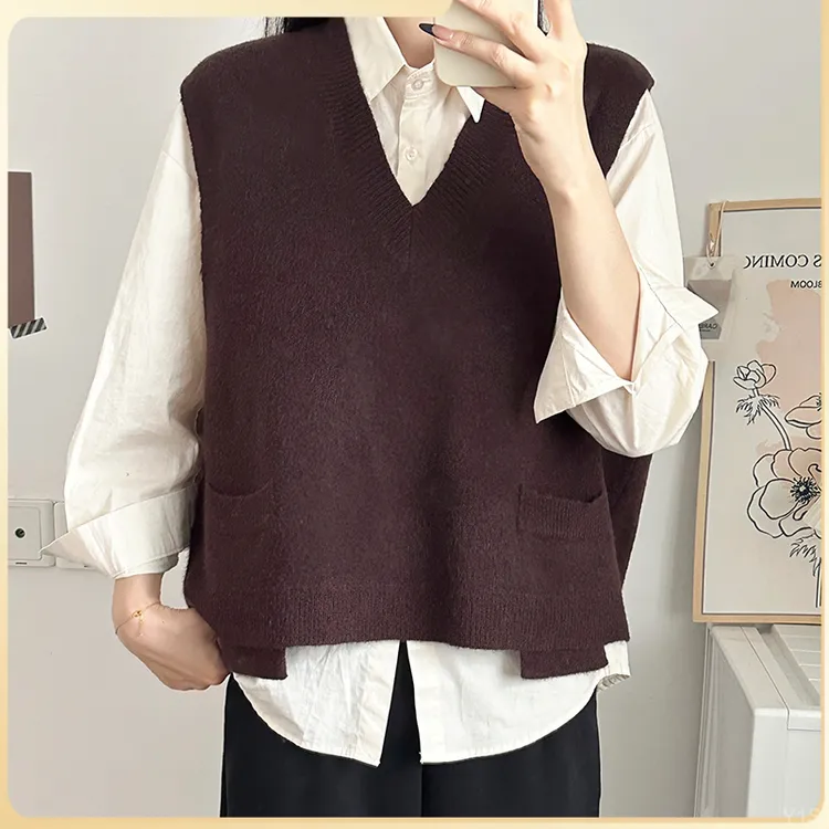 黑色开叉学院风复古宽松慵懒毛衣上衣针织背心马甲女新款秋装2025