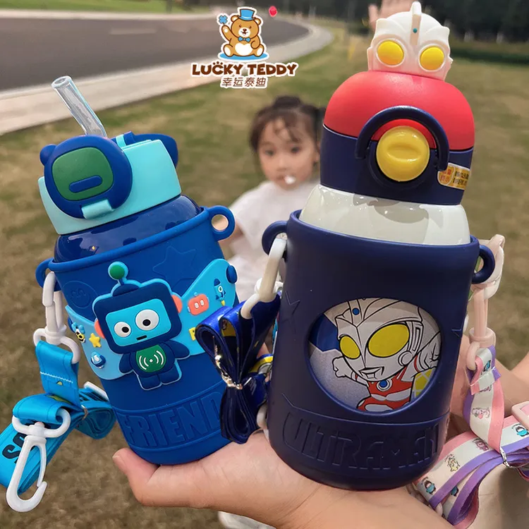 儿童保温杯316不锈钢带杯套男女宝幼儿园防摔卡通挂绳带吸管水杯