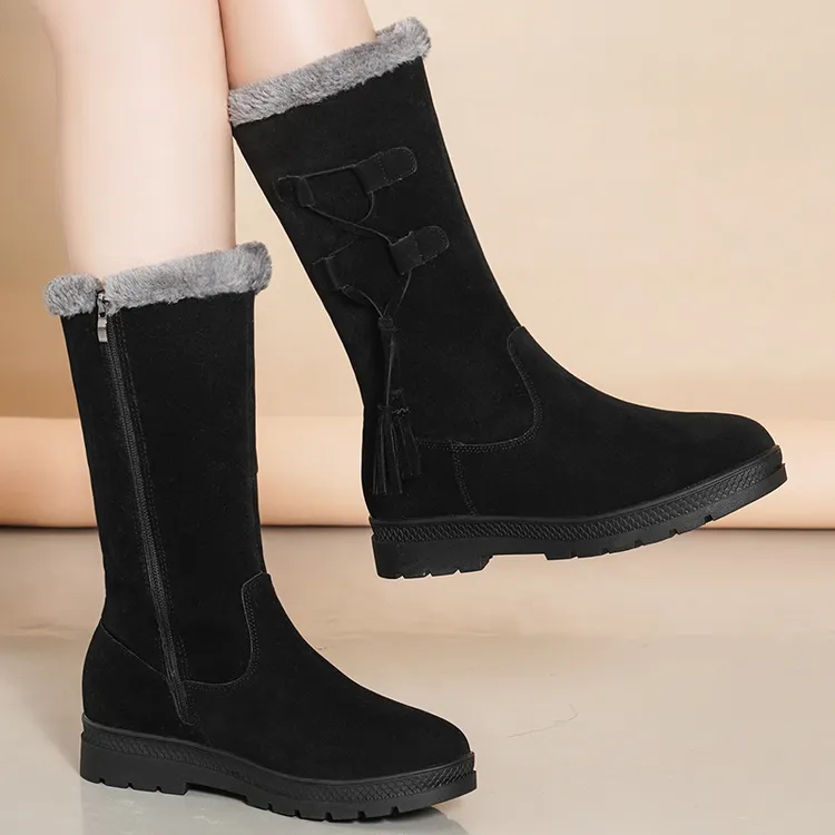 断码清仓全牛皮冬季真皮加绒保暖棉鞋厚底防滑雪地靴女软底中筒靴