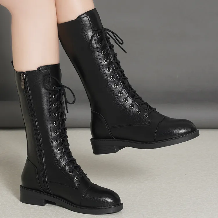 断码清仓全牛皮百搭真皮粗跟马丁靴女厚底防滑骑士靴系带中筒靴女