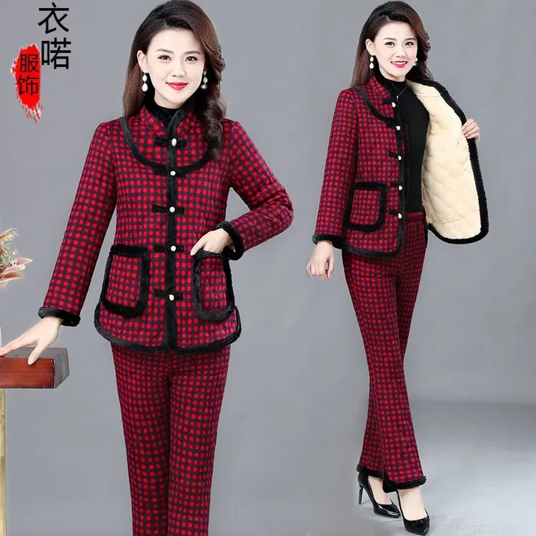 新款加绒加厚棉衣套装复古珍珠扣格子套装时尚洋气显瘦两件套外穿