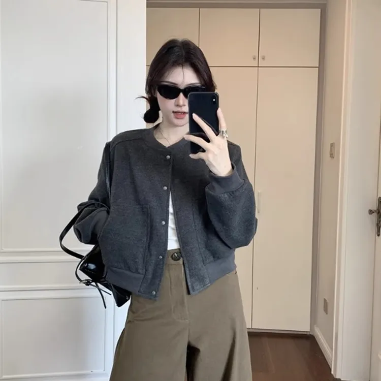 春秋外套女高级感灰色毛呢2025棒球服气质短款夹克宽松休闲1124