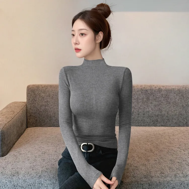螺纹内搭新款半高领2024秋冬修身长袖打底衫针织显瘦洋气上衣