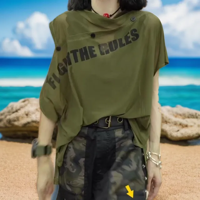 衬衫夏季新款潮流t恤印花短款字母短袖时尚休闲连袖纱网圆领百搭