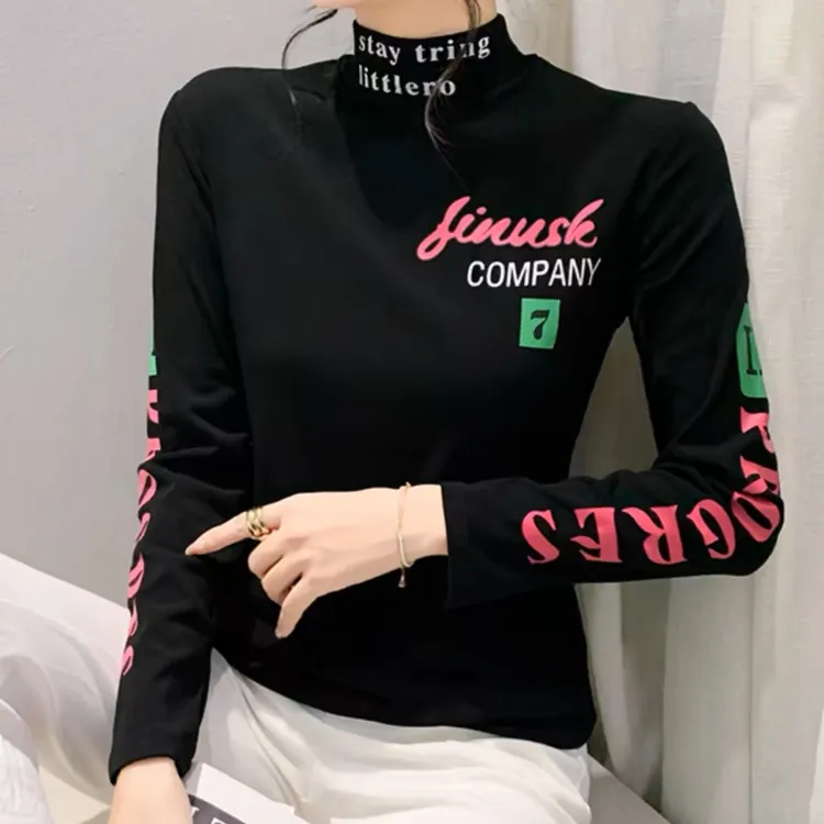 加厚磨毛棉打底衫女秋冬欧货洋气字母印花T女长袖半高领内搭上衣