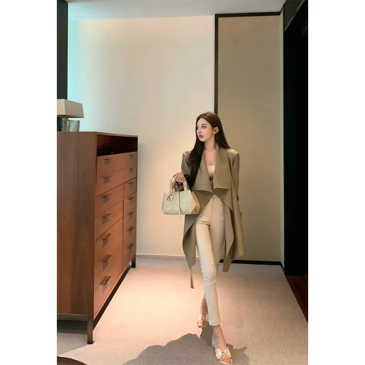 新款复古不规则大翻领宽松风衣外套中长款气质英伦风大衣