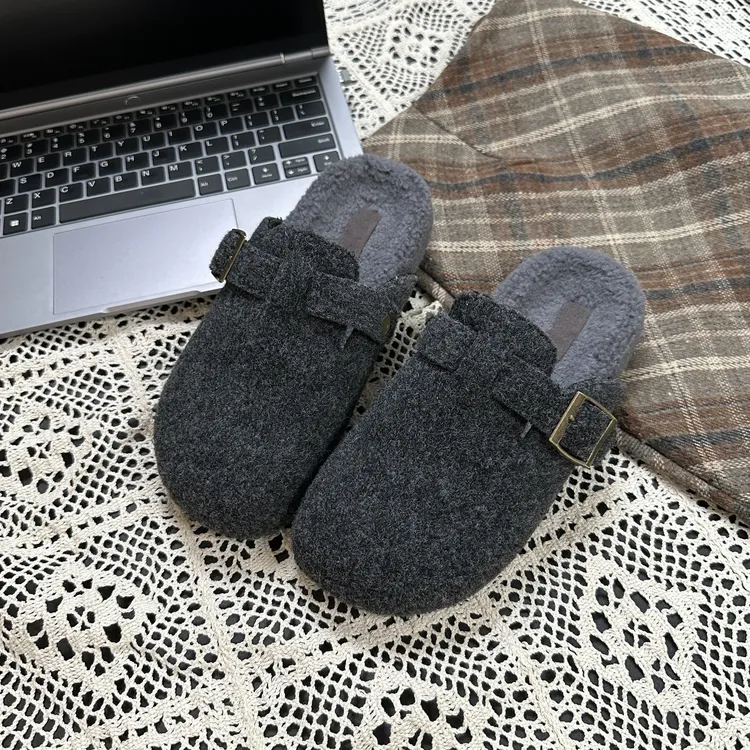 Tagabe加厚保暖韩系毛呢勃肯鞋2025秋冬新款百搭防滑软底拖鞋