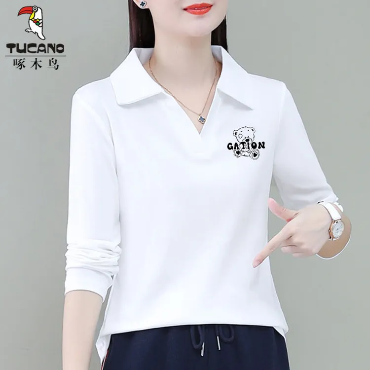啄木鸟polo领长袖t恤女棉质2024春秋新款翻领修身洋气内搭打底衫