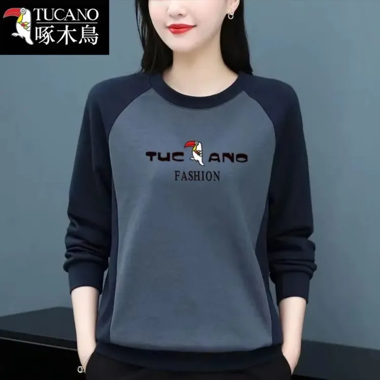 啄木鸟正品秋冬新款长袖拼接T恤女士百搭圆领卫衣中年妈妈打底衫