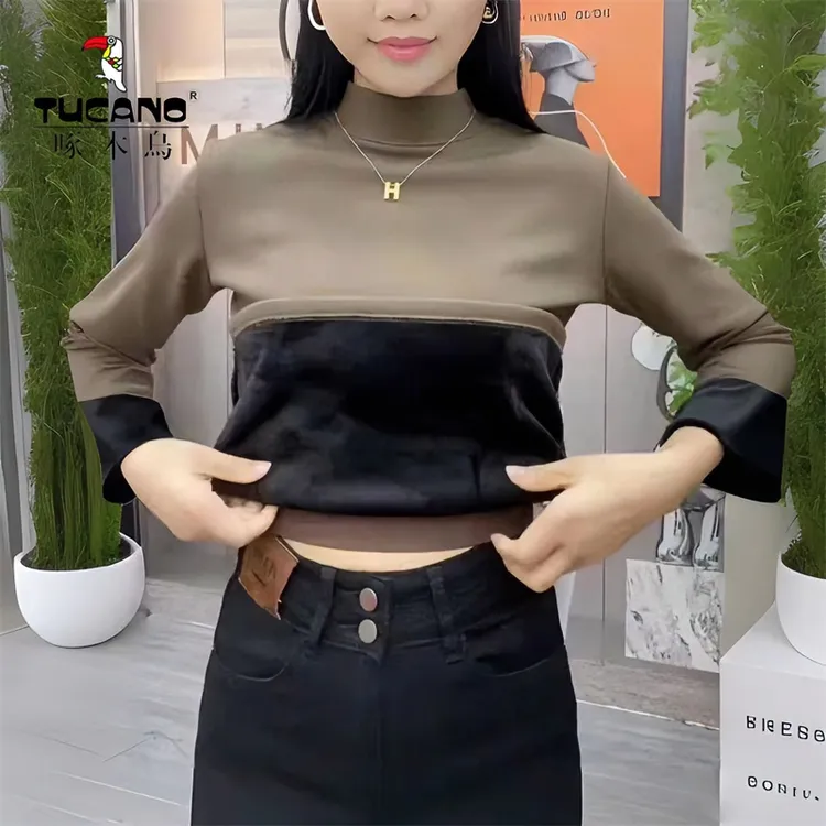 啄木鸟加绒加厚内搭半高领打底衫女秋冬一体绒保暖修身显瘦上衣潮