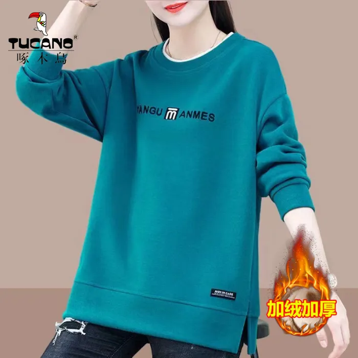 啄木鸟休闲开叉薄款运动卫衣女2024年秋冬季新款大码圆领时尚上衣