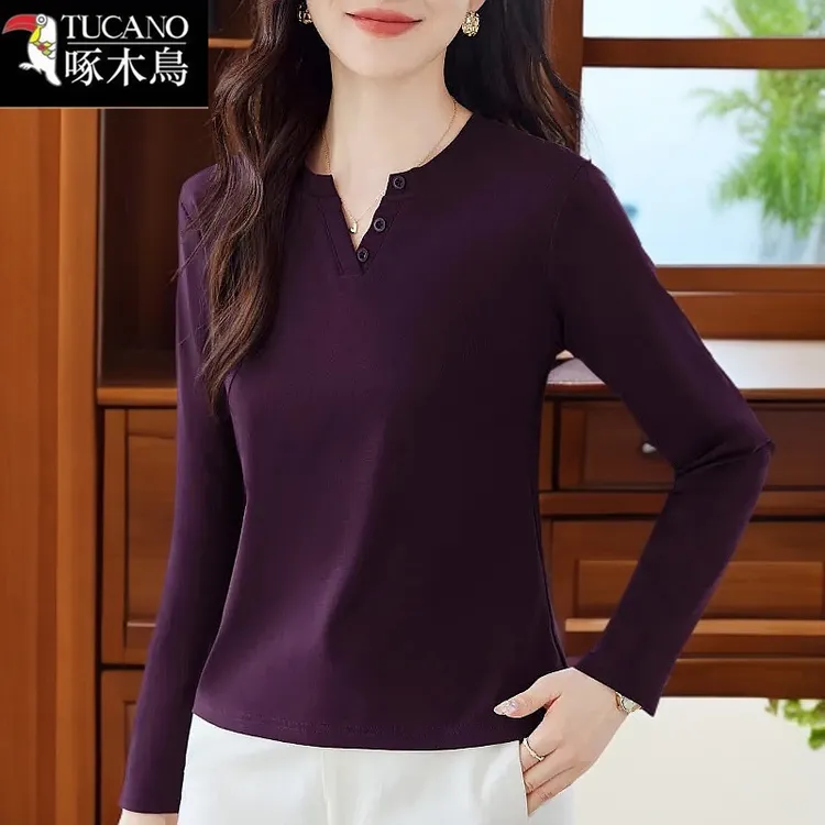 啄木鸟正品长袖V领纽扣t恤女2025新款休闲内衬百搭德绒正肩上衣