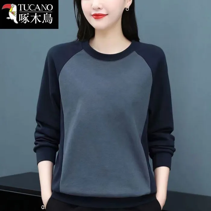 啄木鸟2024春秋新款韩版大码妈妈t恤女圆领卫衣拼接印花长袖上衣