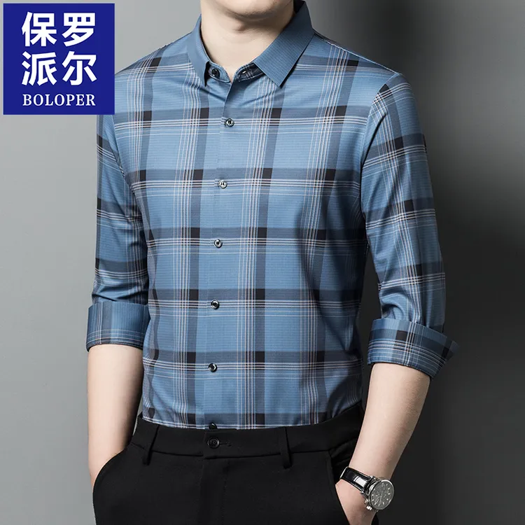 保罗春秋季长袖男士休闲百搭潮流修身衬衫商务应酬工作正装衬衣男