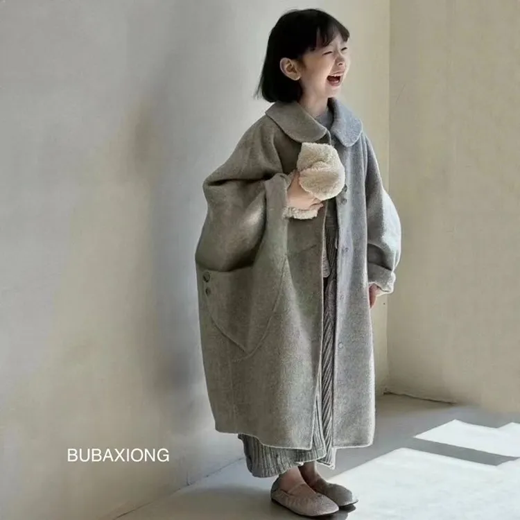 BUBAXIONG 2025新款韩版双面羊毛男女童同款翻领秋冬中长款大衣
